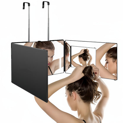 Self Haircut Mirror 3-Way with LED Light & Accessories - 360° Viewing Angle, Anti-Fog HD Glass, Height Adjustable, Door Wall Table Mount, DIY Barber Mirror for Hair Cutting Shaving Styling