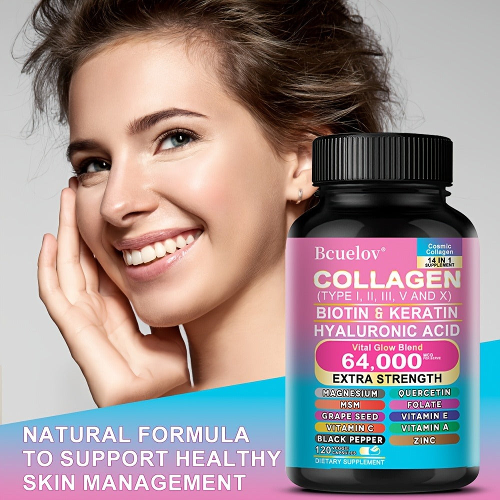 Types I, II, III, V, And X Collagen Supplements - Enriched with Biotin And Keratin, Along with Hyaluronic Acid - Healthy Skin, Nails, And Hair - 120 Capsules