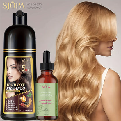 Hair Coloring Shampoo with Rosemary Hair Oil Gift Set — 5-in-1 Color & Care Formula, Moisturizing Glycerin, Gentle Non-Irritating, 16.91 oz Shampoo + Rosemary Oil, 12 Shades Available