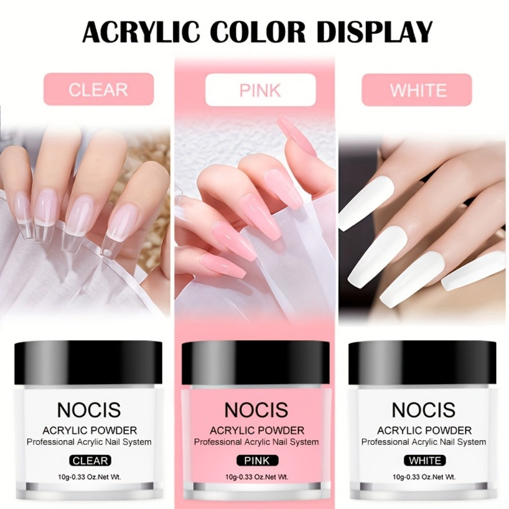 NOCIS 10G Acrylic Powder Collection, Expert Nail Art Package Including Monomer Liquid, Nail Brush, Forms, Dappen Dish, Odorless, Gift Package for Salon-Standard Manicures