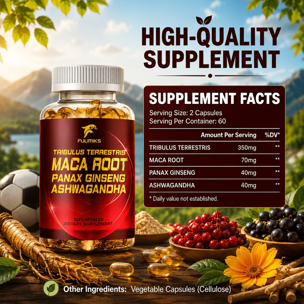 Men'S Supplements Capsules, with Tribulus Terrestris, Maca Root, Panax Ginseng, Ashwagandha, Support Vitality, Immune, for Daily Wellness, Packaging May Vary