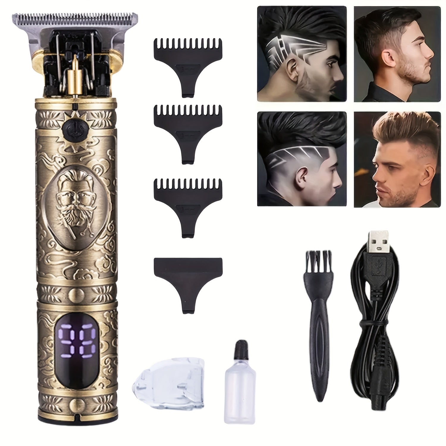 Men's Retro Electric T-Blade Wireless Hair Clipper, Unique Design Hair Clipper Shaver Trimming Set - USB Charging, LED Display, Multiple Accessories, Holiday Gift for Him