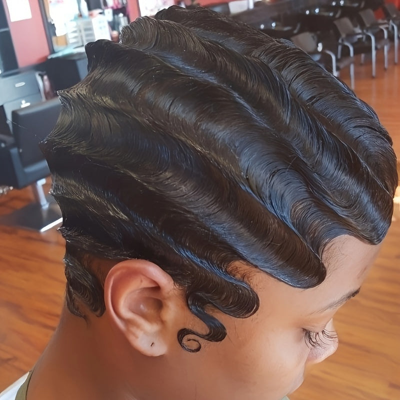 Women'S Brazilian Virgin Human Hair Wig, Featuring a 4-Inch Finger Wave Pixie Cut in a Deep Ocean Wave Style, with 180% Density And a Rose Net Cap, Perfect for Party Looks