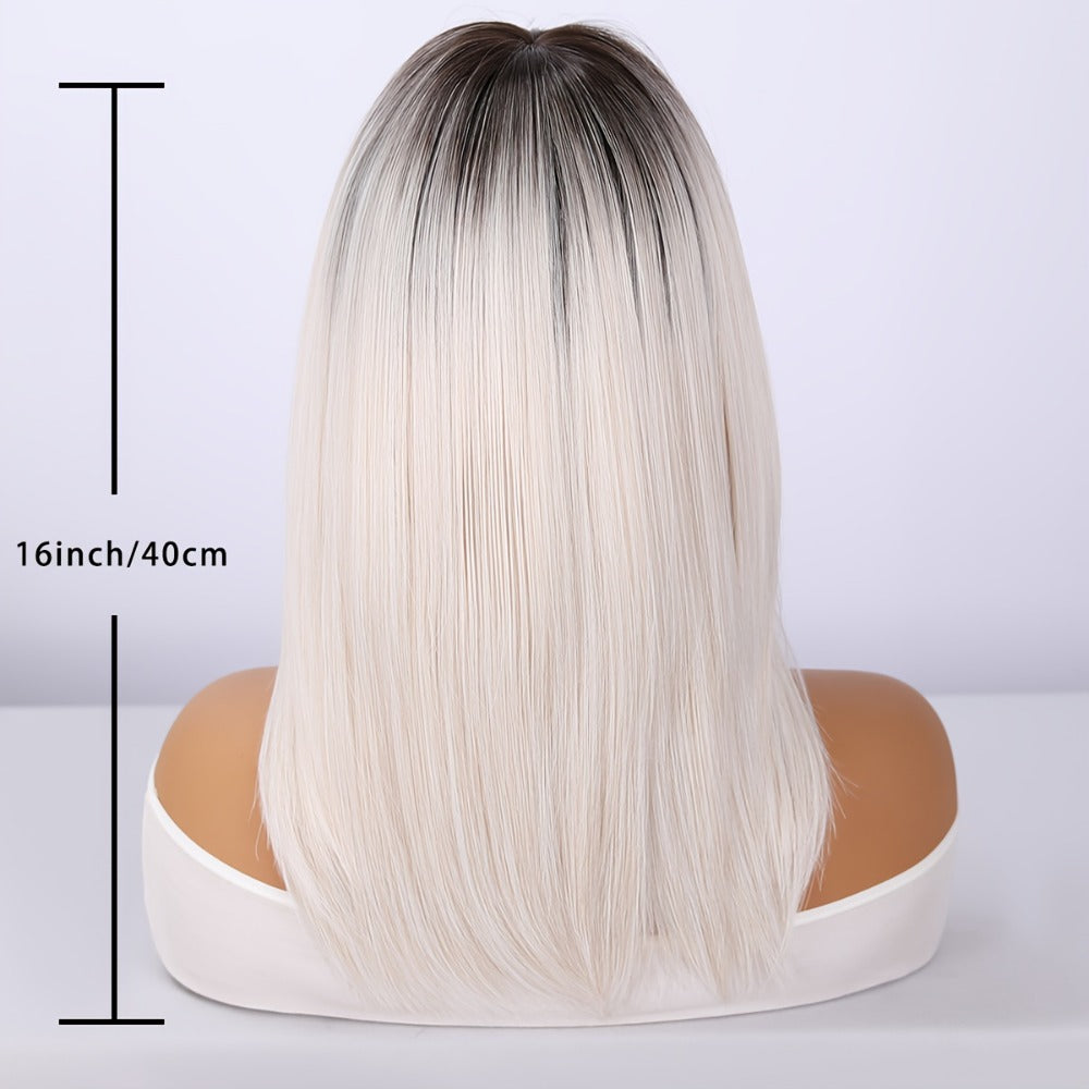 White Gradient Wig with Bangs Glueless Straight Synthetic Hair for Women Simulation Craft Natural Hairline Rose Net Cap Daily Wear Date Party 16 Inch