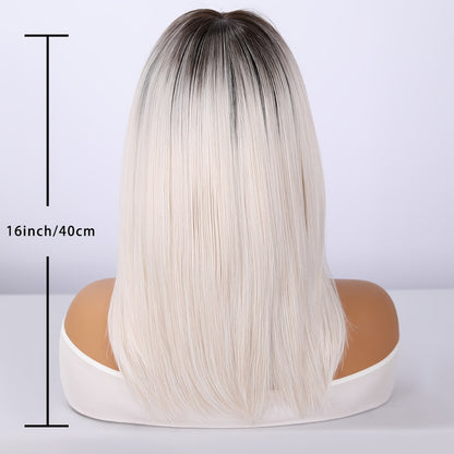 White Gradient Wig with Bangs Glueless Straight Synthetic Hair for Women Simulation Craft Natural Hairline Rose Net Cap Daily Wear Date Party 16 Inch