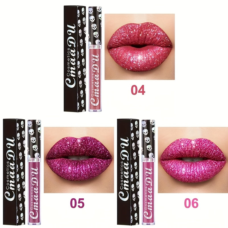 3pcs Skull Shimmering Lip Gloss Long-Lasting Easy to Remove Makeup, Liquid Lipstick Suitable for Music Festivals, Perfect Valentine's Day Gift, Ideal Gift for Women