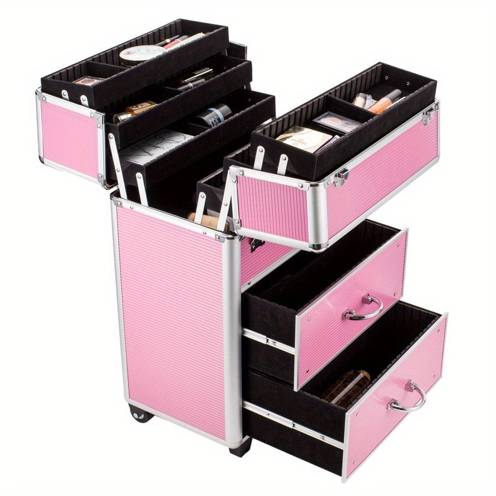 4 Tier Lockable Cosmetic Makeup Train Case with Extendable Trays Pink