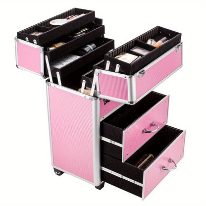 Makeup Train Case 4 Tier Lockable with Extendable Trays Large Capacity Cosmetic Organizer Box for Makeup Artists Salon Professional Beauty Storage Portable Travel Case Pink