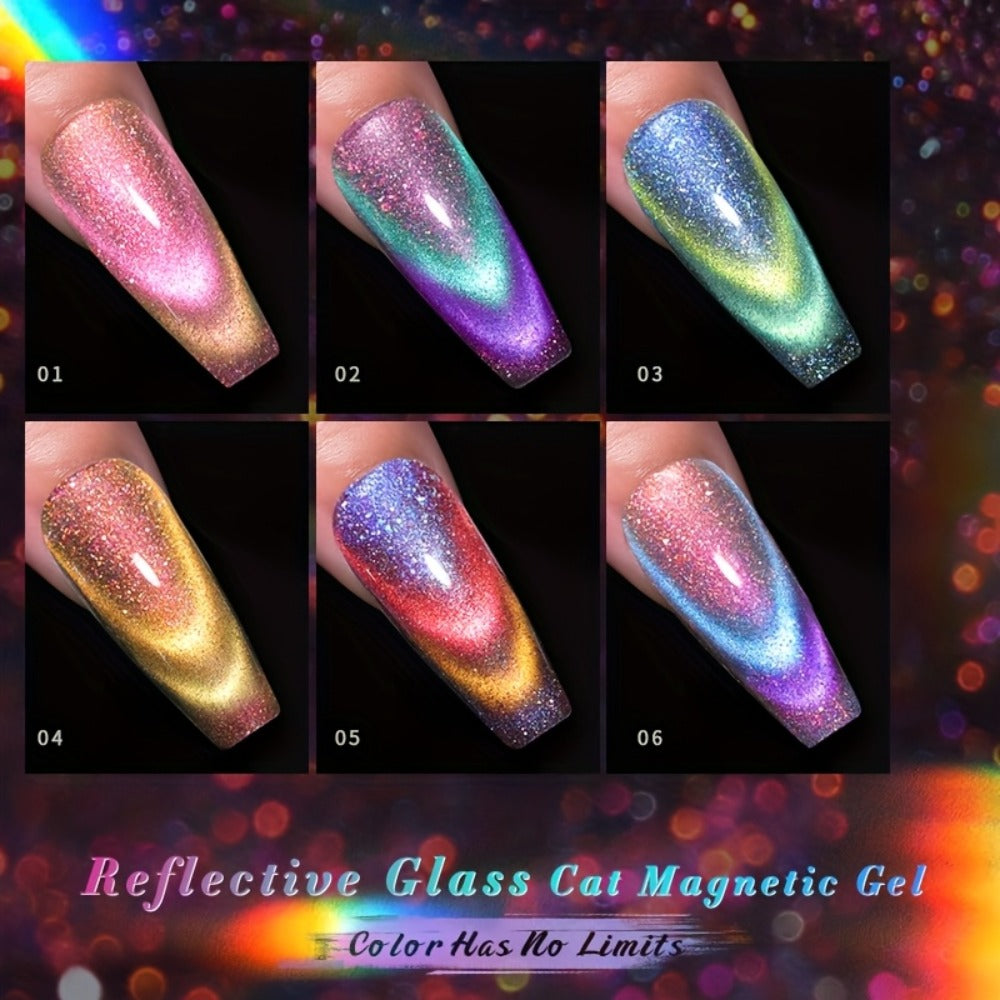 BORN PRETTY 0.34oz 6pcs Double Light Reflective Glass Cat Magnetic Gel Polish for Halloween Party Sparkling Rainbow Color Gel Soak Off