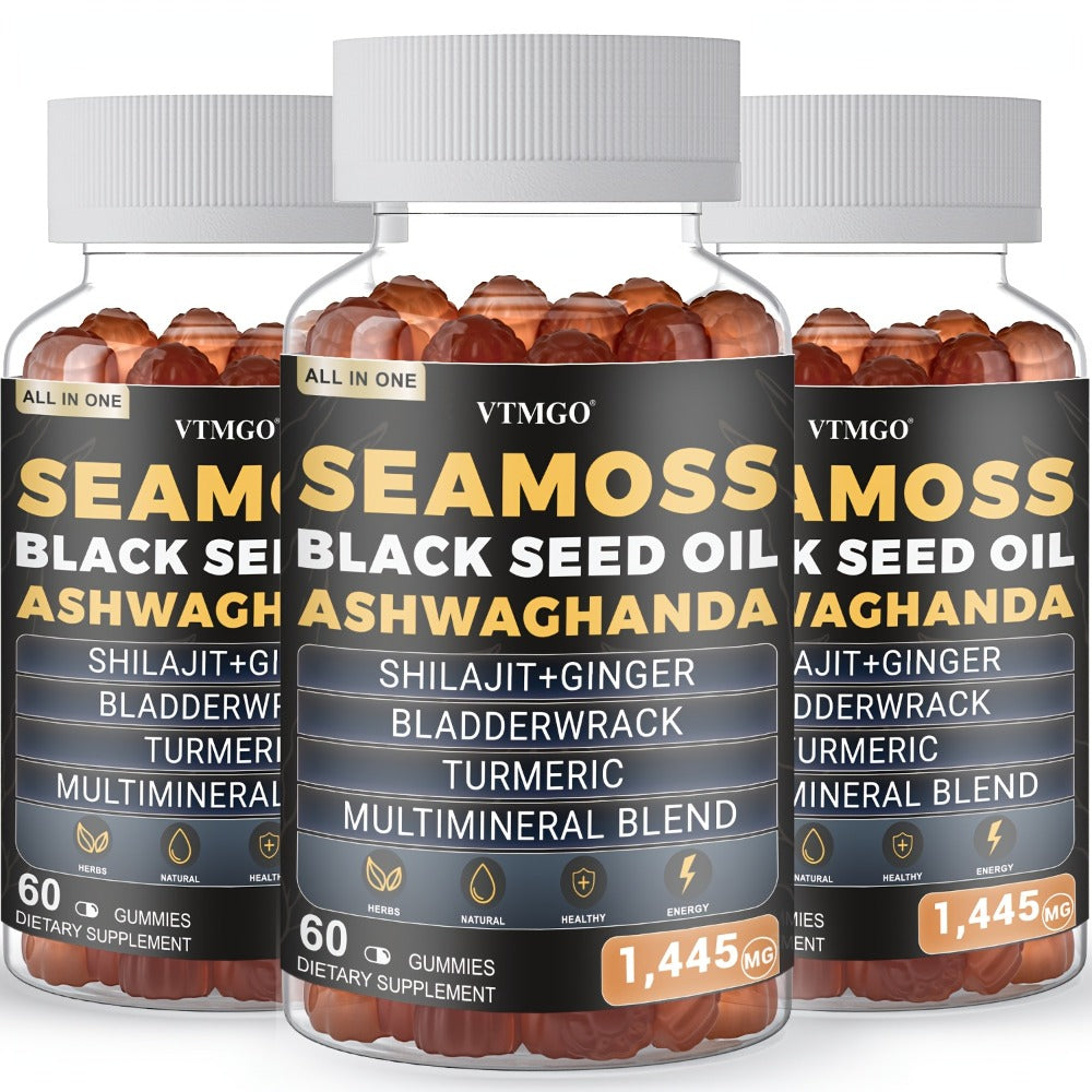 (1/2/3 Bottles)-Sea Moss&Shilajit, Black Seed Oil, Ashwagandha, Ginger, Gummies With Elderberry, Chlorophyll, Turmeric, Bladderwrack 1445Mg, Health, Natural, Antioxidant, Happiness, . 60 Gummies
