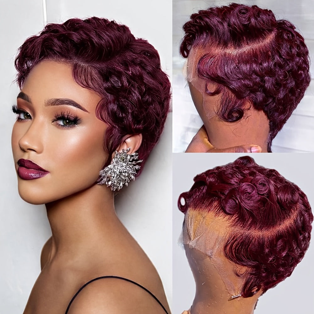 Pixie Cut Wig Human Hair 13x4 HD Lace Front Short Curly Wavy Wig Pre Plucked Natural Hairline Body Wave Loose Deep Wave Finger Wave Glueless Wig Natural Black Burgundy Chocolate Brown 6 Inch