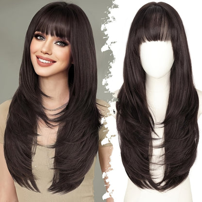 Lace Front Wig with Curtain Bangs Glueless Long Straight Synthetic Wig 26 Inch Pre-Bleached Lace Realistic Scalp Natural Hairline Multi-Color Women Daily Wear