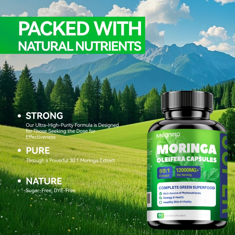 [Limited Offer] Megneta Moringa Capsules - 12000mg Moringa Powder, Rich In Antioxidant, Energy, Skin Health, Gut Health, Immune, 60 Capsules