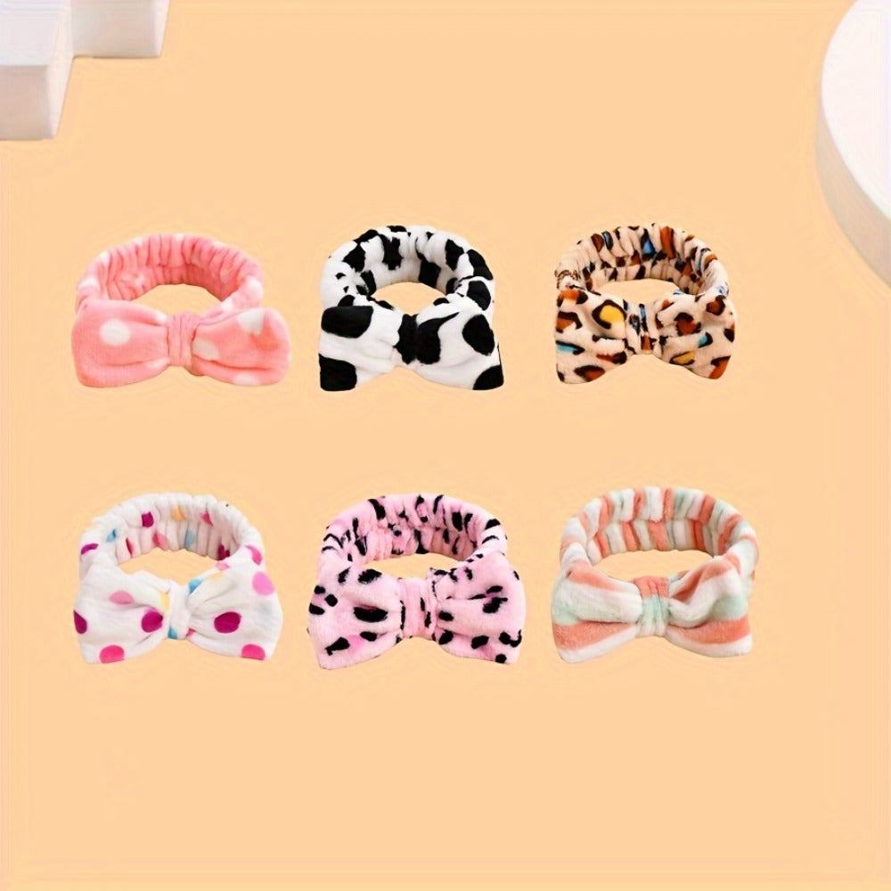 Headbands for Women 6 Pack Bow Design Soft Fabric Elastic Hair Bands for Makeup Spa Shower Skincare Routine Patterned Polyester Hair Headband for All Hair Types Beauty Accessory Gift Set