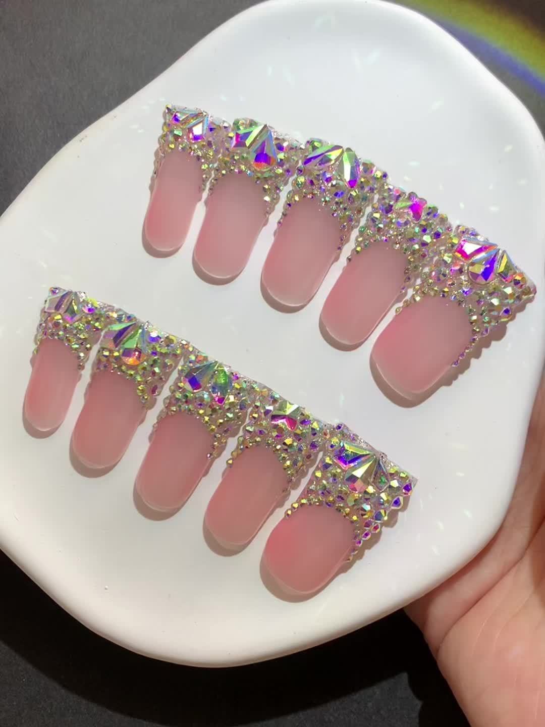 10pcs 1.18inch Long French AB Diamond Shiny Duckbill Nude Color Versatile Pure Handmade Wearable Nails Press-On Artificial Nails Suitable for Back-To-School Season, Parties, Dates, Weddings