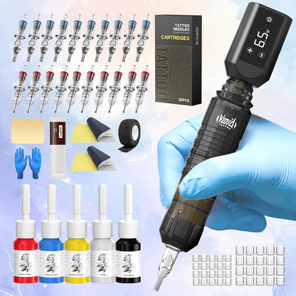 Wireless Tattoo Machine Kit Complete Set VOID Tattoo Pen 1200mAh Battery 20 Needles 5 Inks Practice Skin Transfer Paper for Beginners & Professionals