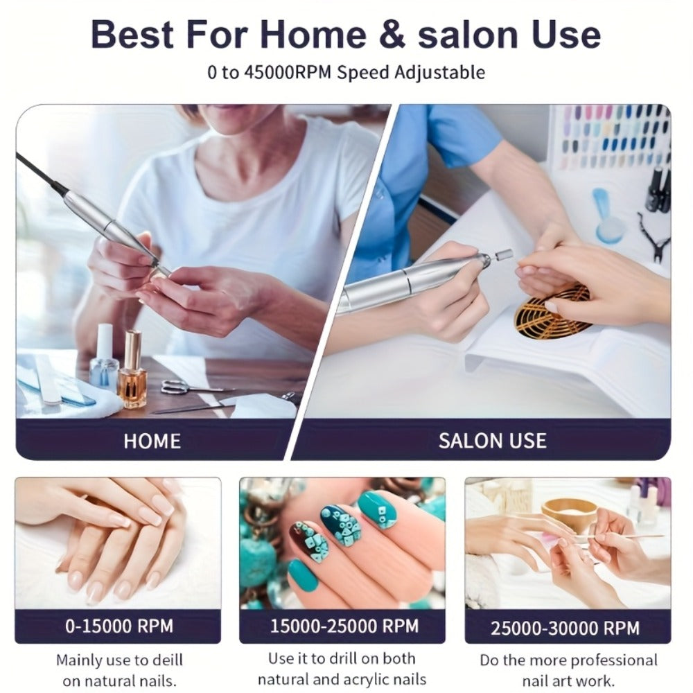 Professional E- for nail Drill 45000 RPM Rechargeable Electric for nail File Kit Portable&Low Noise for nail Drill Manicure Pedicure Tools Polishing Set With for nail Drill Bits Sanding Bands For Nail Salon&Perfect Holiday Gifts For Women