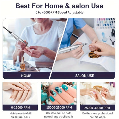 Professional Nail Drill 45000 RPM Rechargeable Electric Nail File Kit Low Noise with Drill Bits & Sanding Bands Manicure Pedicure Polishing Set for Salon Home