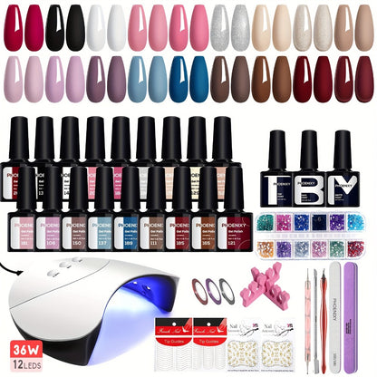 Gel Nail Polish Kit 36pcs with 36W UV LED Nail Lamp — Pink Red Purple Black Brown Blue Gel Polish Set & Manicure Tools for Home Salon Nail Art