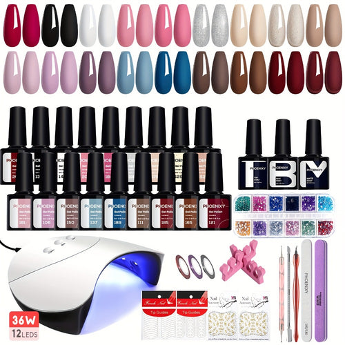Gel Nail Polish Kit 36pcs with 36W UV LED Nail Lamp — Pink Red Purple Black Brown Blue Gel Polish Set & Manicure Tools for Home Salon Nail Art