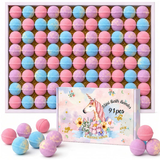 Mini Bath Bombs Gift Set 91 Pack - Colorful Fragrant Bath Fizzies 15g Each, 3 Scents Assorted | Bulk Holiday Gift for Birthdays, Christmas, Easter, Halloween & Valentine's Day