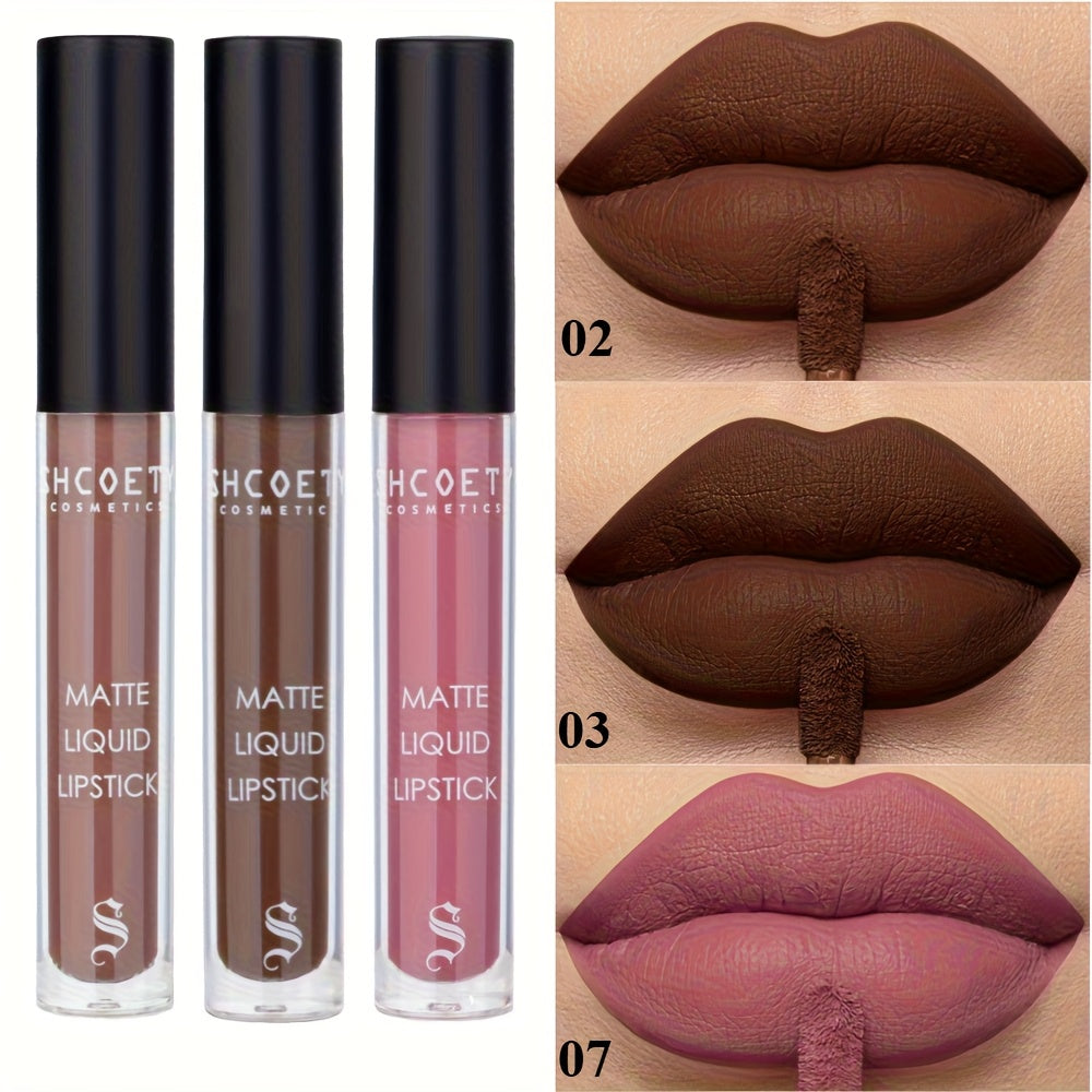 3 Colors Set Matte Lip Glaze, - Long Lasting Waterproof Lip Gloss, Non-Stick Velvet Lip Mud, Rich Brown Color, High, Smooth Non-Greasy Finish, Cute Bear Packaging, Ideal for Festival, Party, Daily Makeup, Lip Gloss&Lip Stick