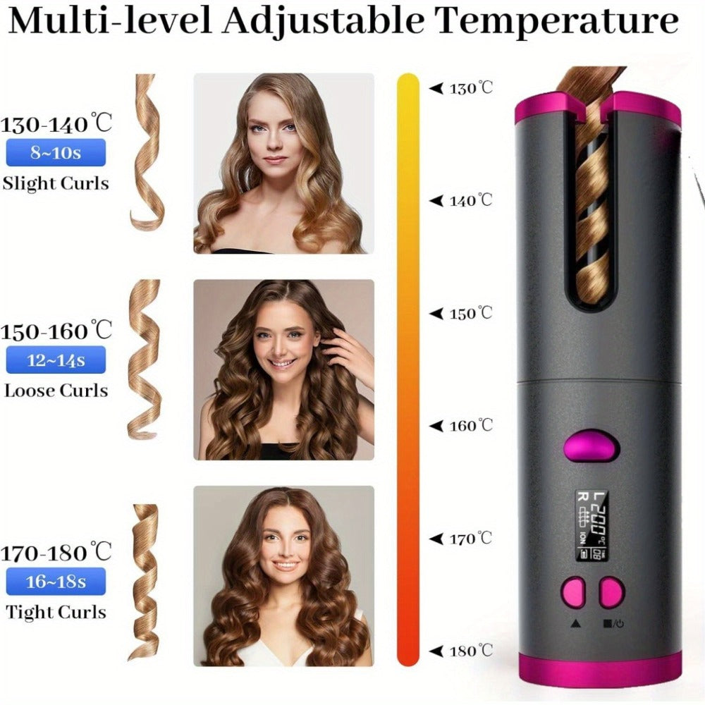 Automatic Curler, Portable Curler, Cordless Rotating Curler with 6 Temperatures, LCD Display USB Rechargeable, Fast Heat-Up And Auto-Off for Hair Styling, Mother'S Day Gift, Birthday Gift (Additions: 1 X Storage Bag And 4 X Hair Clips And 1 X Comb)