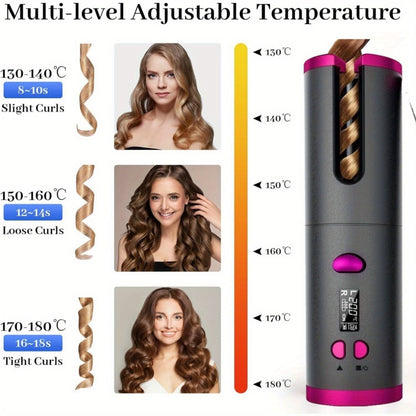 Automatic Hair Curler Cordless USB Rechargeable – Rotating Curling Iron with 6 Heat Settings, LCD Display, Auto Shut-Off, Storage Bag & Hair Clips Included