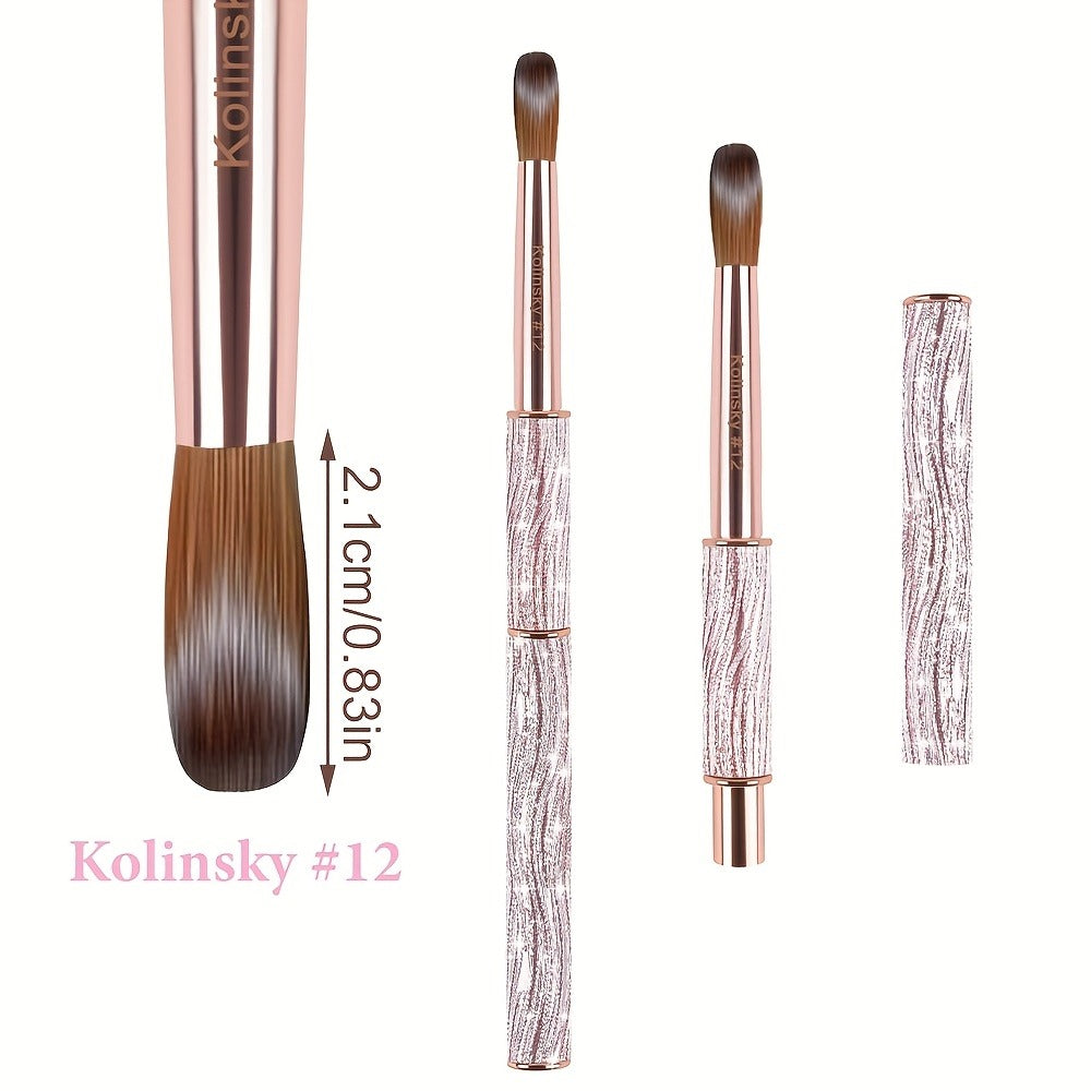 Size #8-#12 Kolinsky Acrylic Nail Brush Sparkling Pink Metal Handle Nail Art Brushes for Acrylic Application Professional Nail Extension Manicure Tool