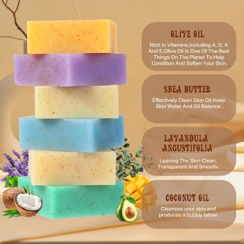 3pcs/6pcs Exfoliating Handmade Soap - 122g Natural Bar Soap With Eucalyptus, Peppermint, Lavender, Mango, Coconut & Shea Butter Essential Oils for Deep Cleansing, Moisturizing Self-Care, Easter Gift Set, Travel Essential-Local Warehouse