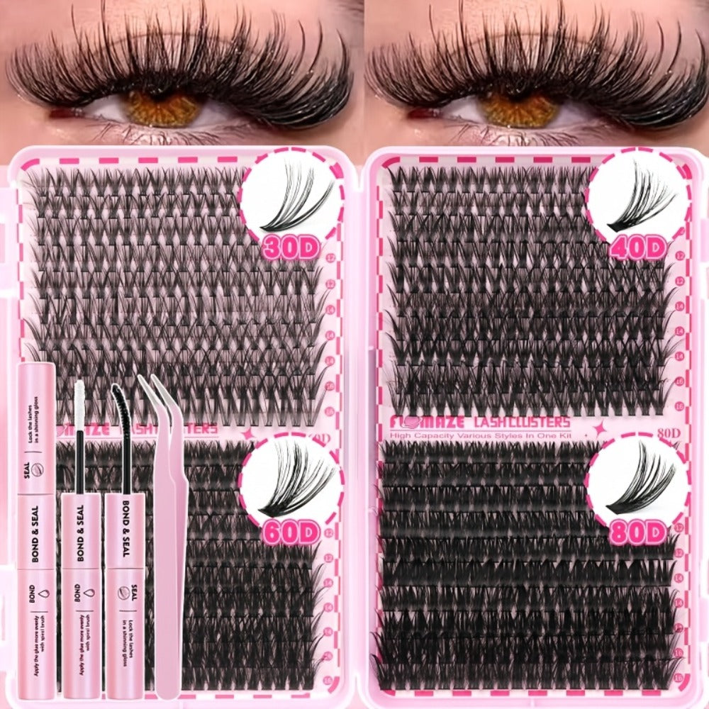 Lash Clusters Kit Wispy Volume Eyelash Extensions Mega Volume Cluster Lashes Mixed Length 800pcs-30D40D60D80D Volume Styles Kit With Bond Seal & Applicator Romantic For Prom Glam Lashes Party Lashes For Long Lasting Prom Look