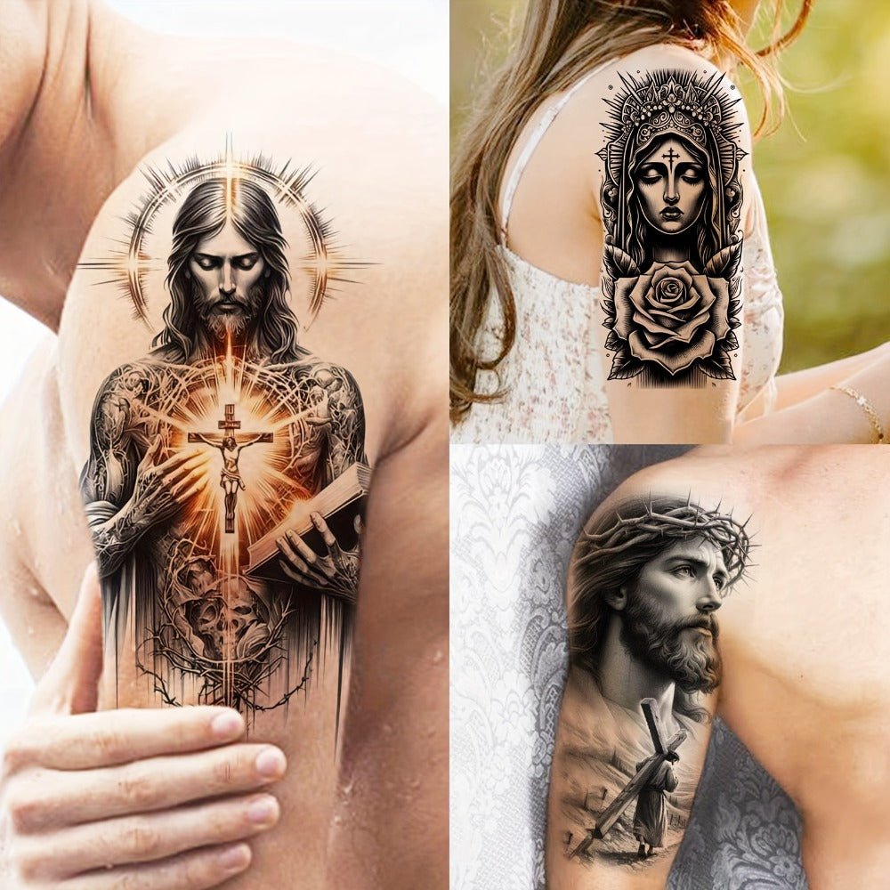 68 Sheets God Jesus Christ Temporary Tattoos for Men Women, Bulk Temp Religious Christian Peace Faith Nun Prayer Ship Half Arm Sleeve Tattoos for Adults, Tribal Eye Lion Quotes Fake Tattoo