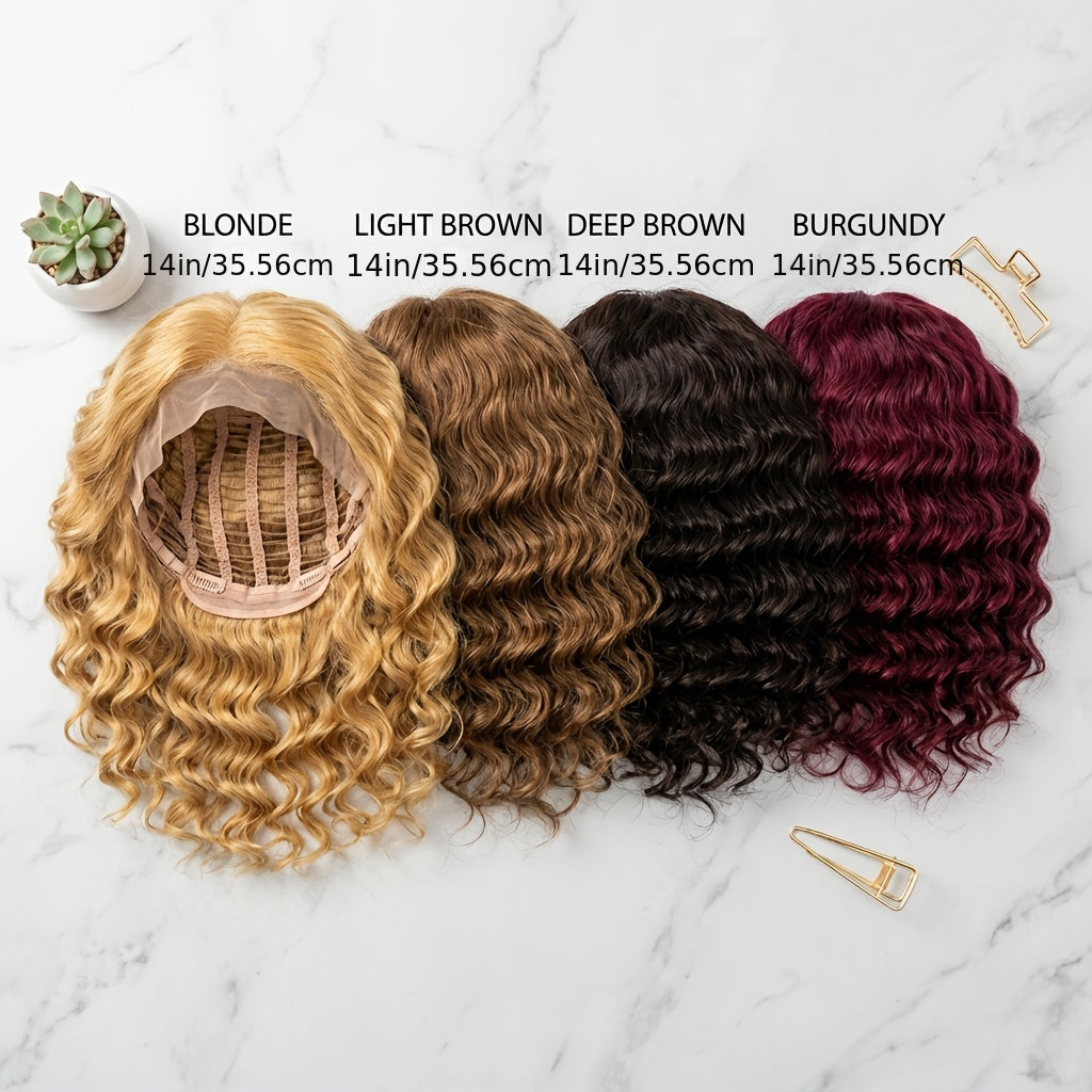 Deep Wave Curly Bob Wig Glueless Rose Net Cap - Secure Fit Short Curly Wig for Women Burgundy Golden Dark Brown Light Brown 14 Inch