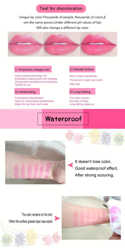 Color Changing Lip Balm 6 Pack — Temperature-Sensitive Jelly Lipstick with Dried Flower Extract, Sheer Moisturizing Clear Gloss, Natural Pink Tint, Long-Lasting Hydration for Women