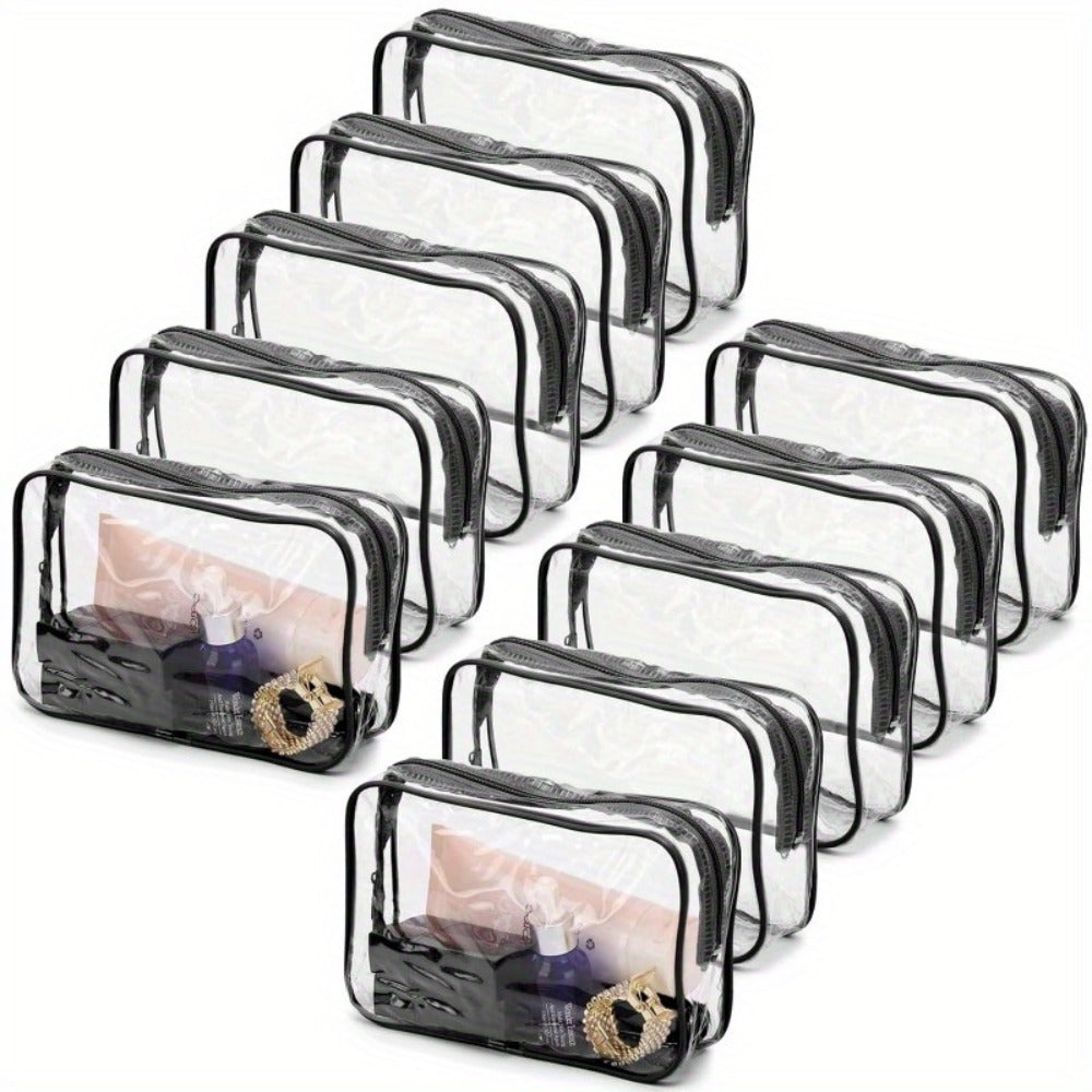 10 packs of PVC transparent makeup bags - Portable travel cosmetics finishing bag with reinforced zipper, fragrance-free, High Quality makeup bag set - Black
