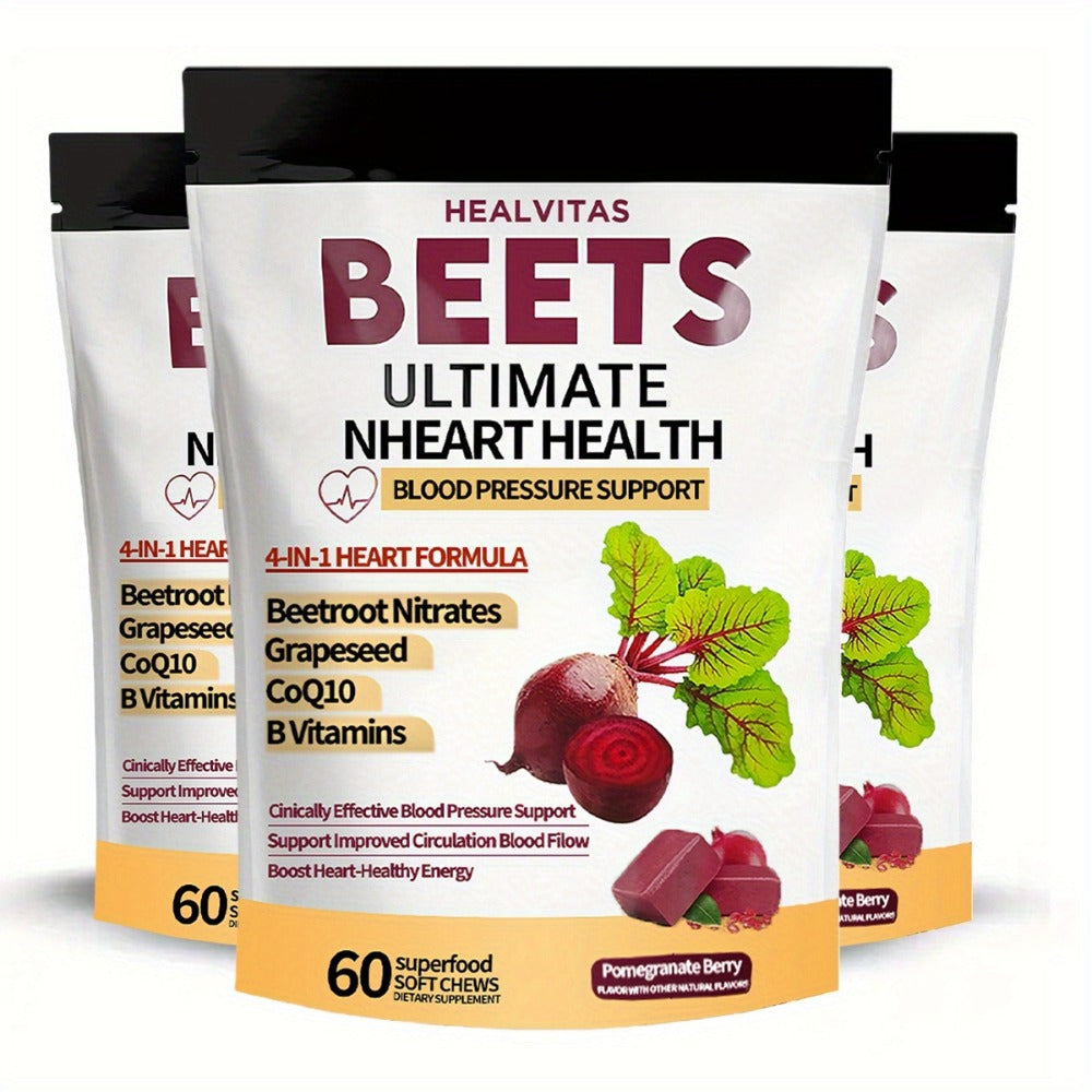 4-in-1 Super Beetroot Beetroot Chewable Gummies Support with CoQ10, Beetroot, Grapeseed, Multivitamins, Blood Pressure & Heart Health, Supplement for Circulation & Blood Flow, 60 Chewable Candies, One Month Supply