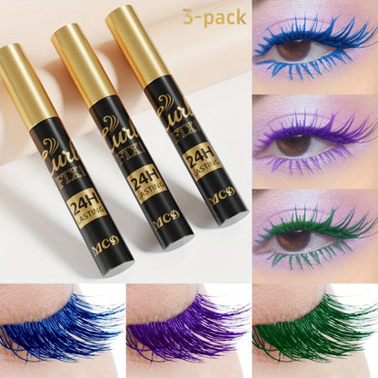 Mascara Set 3-Piece Colorful Bright Shades with Eyebrow Pencil, Eyeshadow Pencil & Waterproof Eyeliner - Long-Lasting Curled Effect Eye Makeup Kit for Everyday, Clubbing & Party Looks