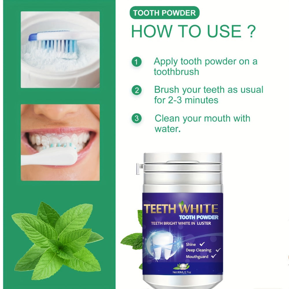 2.71oz Tooth Cleaning Powder Contains Baking Soda, Honeysuckle Extract, Mint Extract It Has a Refreshing Minty Flavor That Freshens Breath, Brushes Teeth to Reduce Bad Breath, Long-lasting Fragrance, Whitens Teeth Fresh Teeth Cleaning Tooth Powder