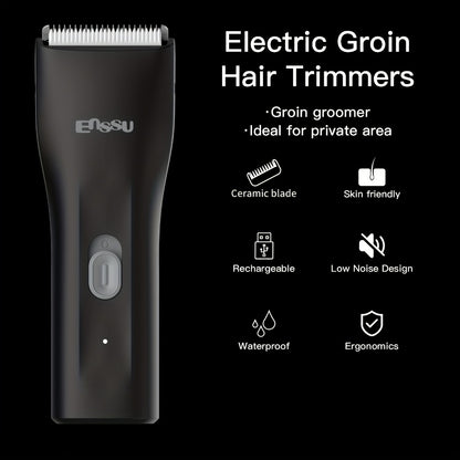 Manscaping Trimmer for Men IPX7 Waterproof Ceramic Blade Electric Groin & Pubic Body Hair Shaver – LCD Battery Display Replaceable Head Safe Grooming Tool, Black Blue White