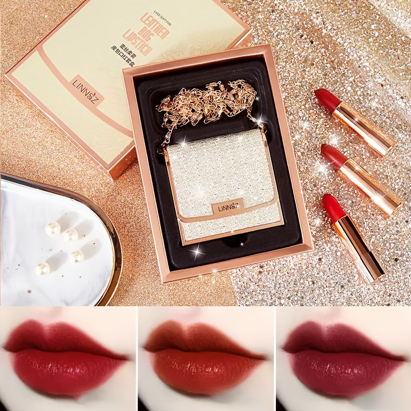 3pcs Matte Lipstick Set, with Silvery Chain Bag Packaging, Velvet Lipstick Gift Box Set, Waterproof And Long-lasting, Stretchable, Red Lipstick Set 3.5g X3pcs, Suitable for Mother's Day, Valentine's Day And Other Festival Gifts