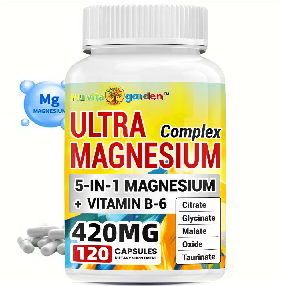5-in-1 Magnesium Complex + Vitamin B6 Supplement - 420MG - High Absorption Magnesium Supplement for Sleep, Nerves, Muscles, Bones, 120 Capsules