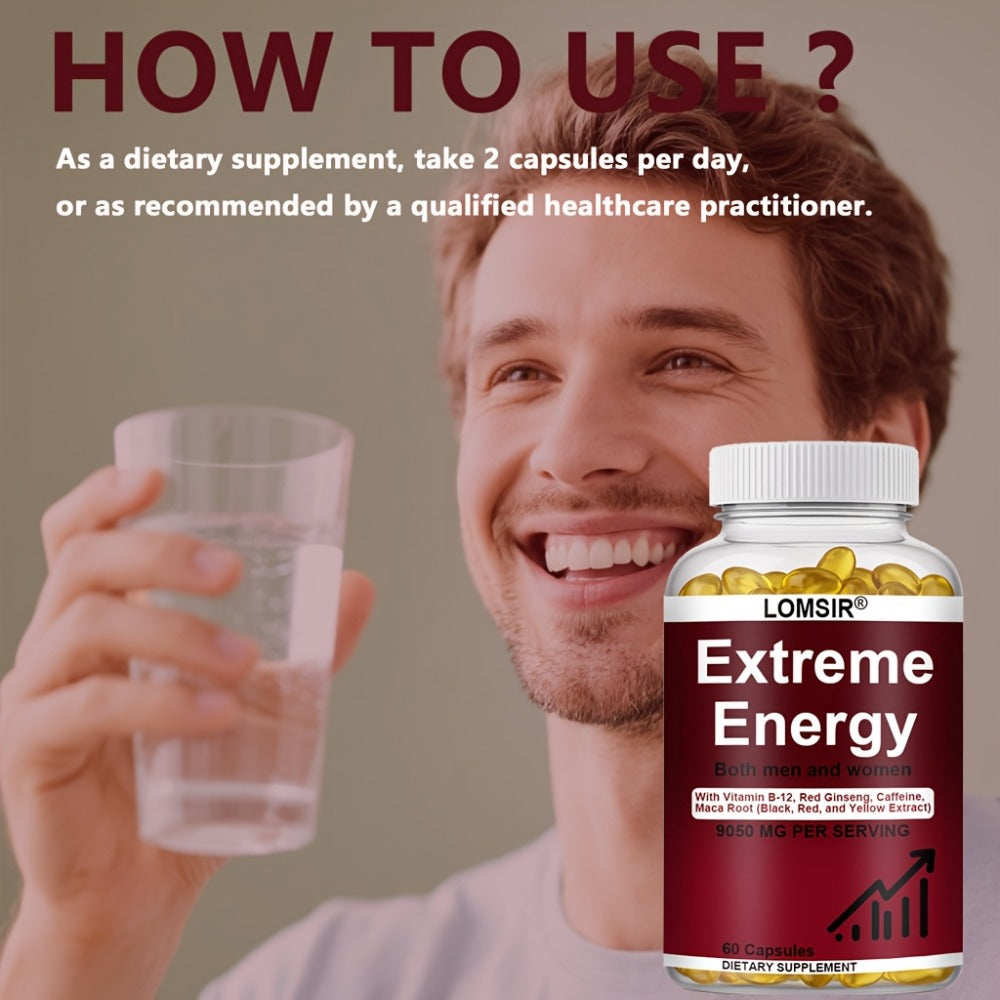 [Extreme Energy Capsules] Extreme Energy Capsules - 9050mg Supplement with Red Ginseng, Maca & Saw Palmetto - Everyday Energy Support for Men & Women - 60 Softgels