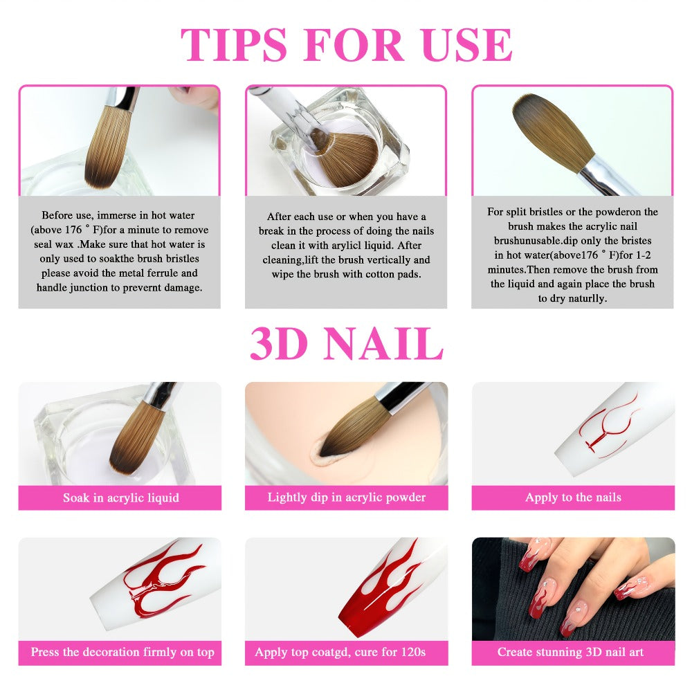 Aridito Professional Acrylic Nail Brush with 100% Kolinsky Hair - Flat Shape, Rose Red Handle & Cap for Manicure and Pedicure (Sizes 8, 10, 12, 14), Nail Art Accessories | Sleek Finish | Kolinsky Hair Bristles