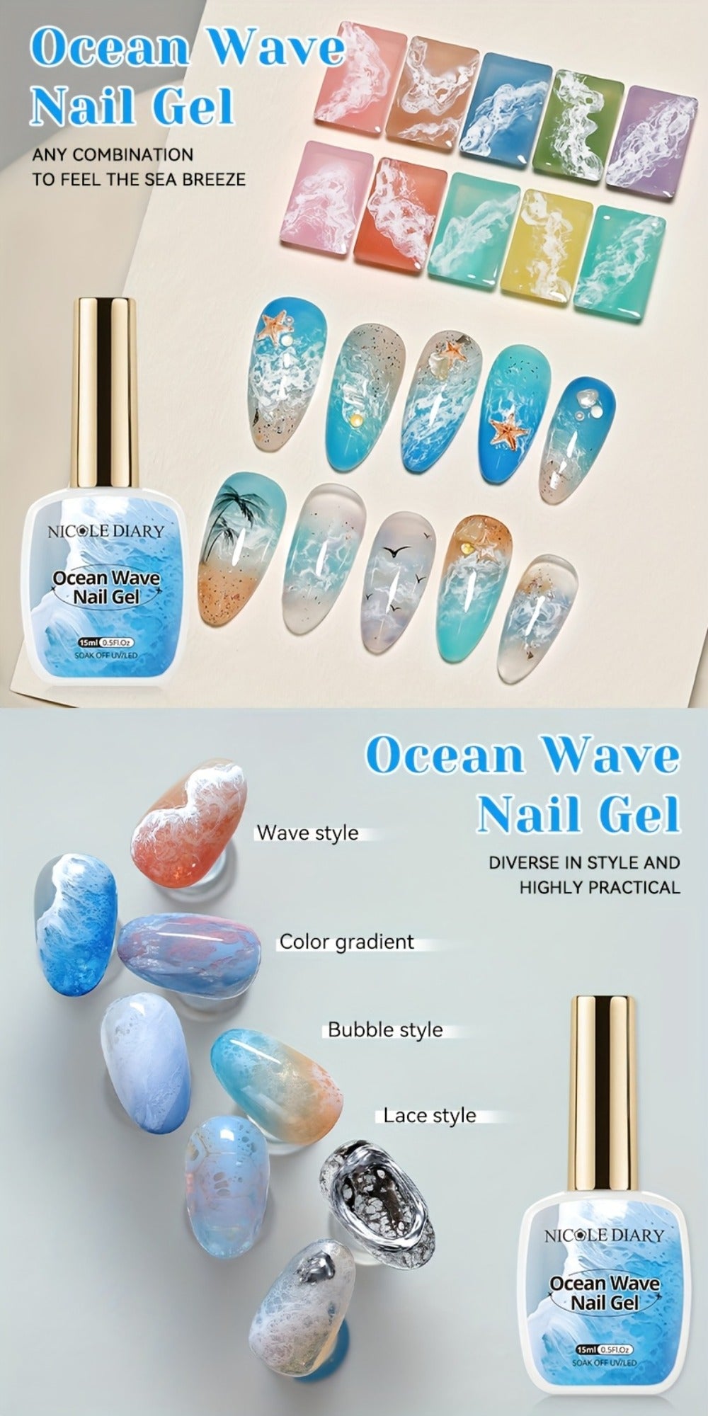 NICOLE DIARY 0.51oz Blue Sea Wave Bubble Gel Nail Polish - Marble Watercolor Ink Nail Art, at Home, Long-Lasting Glossy End, No Resin Remover Needed