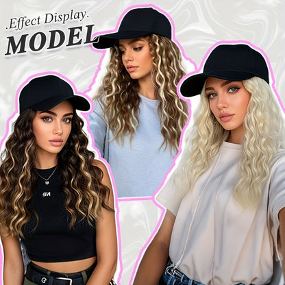 Baseball Cap Wig with Hair Long Curly Wavy Synthetic Wig Adjustable Cap Heat Resistant Elastic Net Base Natural Volume Ombre Highlighted Colors Cosplay Wedding Daily Wear Women 18 Inch