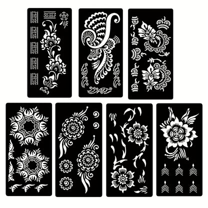 Tattoo Stencils for Body Painting 7-Piece Hollow Flower Nail Art Arm Stickers | Temporary Body Art for Festivals Events | Easy Apply Floral Henna-Style Decoration | Reusable Body Paint Stencil Set