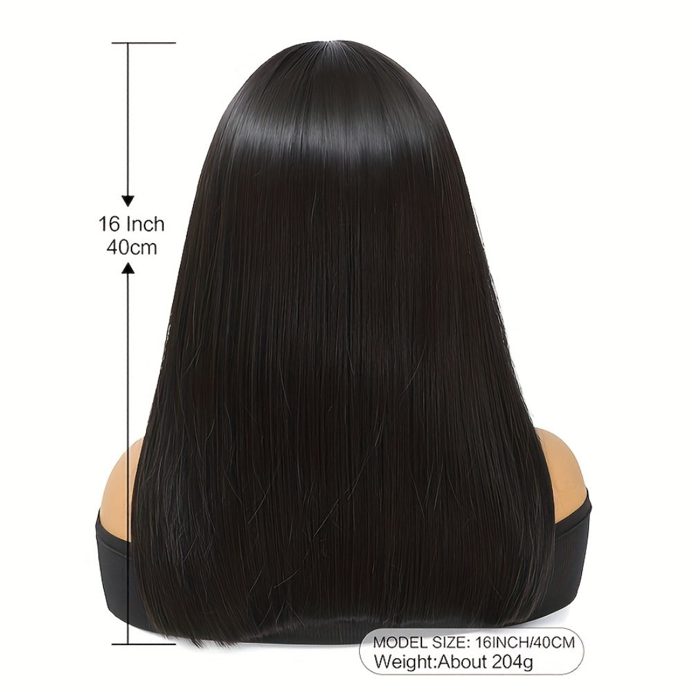 16" Blunt Cut Straight Bob Wig with Bangs - Heat Resistant Synthetic Hair, 180% Density Rose Net Cap, Silky Straight Black Wig for Women & Men, Business, Party & Daily Wear