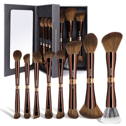 Double-Ended Makeup Brush Set 8-Piece with Storage Box - Aluminum Alloy Handle Foundation Blush Contour Brushes, Travel Gift for Women
