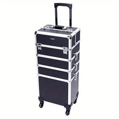 Rolling Makeup Train Case 4-in-1 Aluminum Lockable 4 Removable Wheels Collapsible Trays DIY Compartments Telescopic Rod Cosmetic Organizer Trolley for Makeup Artists Salon Travel Black Pink Rhinestone
