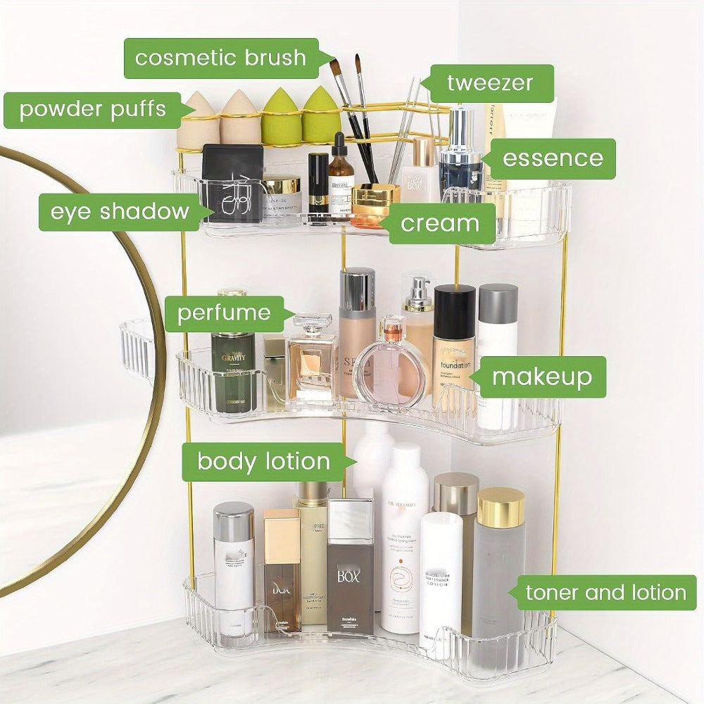 2-in-1 Corner Bathroom Counter Organizer - 2-Tier/3-Tier Space-Saving Shelf with Brush Holder, Makeup & Skincare Storage, -Toned Amber, Portable Vanity/Dresser/Kitchen Shelf, Insert-Style Installation (No Tools) for Small Spaces